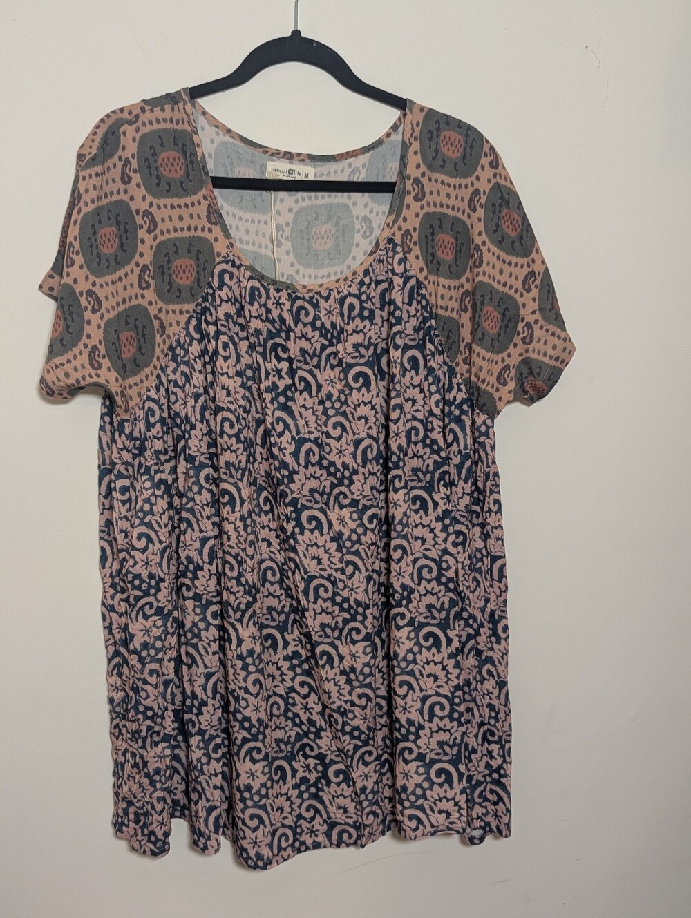 Natural Life Mixed Print Boho Babydoll Tunic Mini Dress NWT Size M